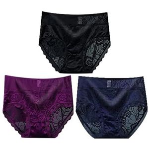 3-Pack Kanten Ondergoed Dames Zachte Mid Waist Slips Stretch Bikini Comfortabele Slip Ademend Sport Grote Maat Slips Zwart Paars Donkerblauw 4Xl