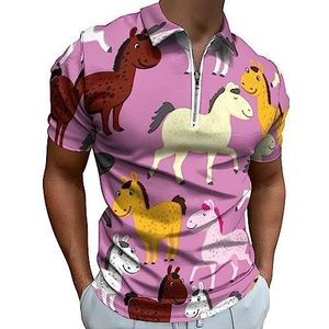 Poloshirt met grappig paardenpatroon voor mannen, casual T-shirts met ritssluiting en kraag, golftops, slim fit
