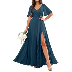 KURFACE Chiffon bruidsmeisjesjurken met mouwen split ruches lange bruidsmeisje formele avondjurk, Pauw, 32