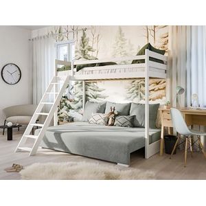 thematys® Liona Stapelbed en sofa voor kinderen, 90 x 200/140 x 200 cm, veelzijdig, ombouwbaar met ladder en valbescherming (wit met groene overtrek)