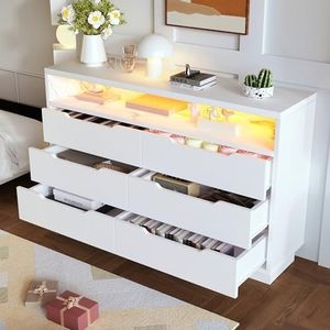 Crlnaup Sideboard, commode met ledverlichting en 6 laden, opbergvak met marmerkorrels, moderne kast voor woonkamer en slaapkamer, 120 x 40 x 85 cm, wit