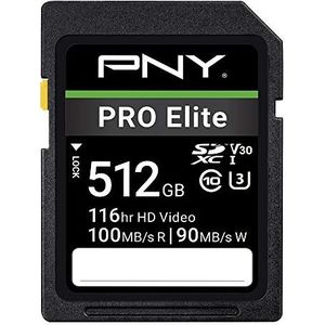 PNY 512 GB PRO Elite Class 10 U3 V30 SDXC flashgeheugenkaart - 100 MB/s, klasse 10, U3, V30, 4K UHD, Full HD, UHS-I, full-size SD