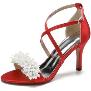 SYDZSW Ivoor satijn trouwschoenen met naaldhak bruidsschoenen met hoge hakken sandalen bruidsschoenen bruid 35-42, Rood, 35 EU