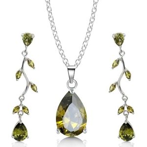 Crystalline Azuria Tranen Set met Groene Olivijne Zirkonia Kristallen Halsketting 45 cm Bengelen Oorbellen 18 kt Witgoud Verguld