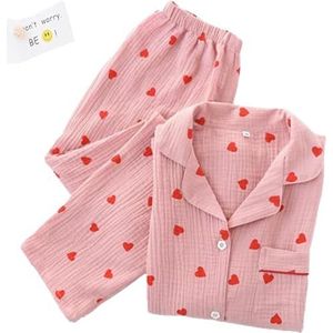 Pyjamaset met hartprint, katoenen pyjamaset, schattig shirt met lange mouwen en button-down shirt met hartprint en lange broek,Roze,M