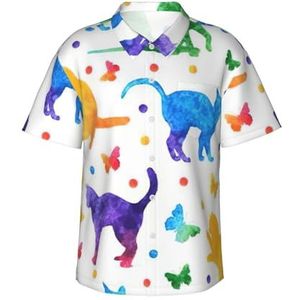 Klassiek Hawaïhemd met vlinderprint en kattenprint, voor heren, knoopsluiting, tropisch shirt, casual strandkleding, Zwart, S