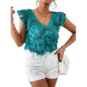 dames topjes Stevige pluizige blouse met ruches (Color : Teal Blue, Size : XL)