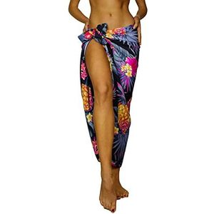 King Kameha Hawaii sarong pareo strandwikkeling dames funky casual bikini cover up strandjurk badpak ananas print, sarong ananas zwart grijs groot, L