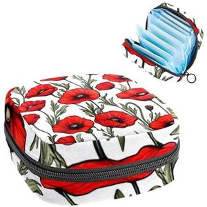 Opbergtas voor maandverband, rode klaprozen, weidebloemen, draagbare maandverband, inlegkruisjes, tampons, maandverband, opberghouder voor vrouwen, school, kantoor