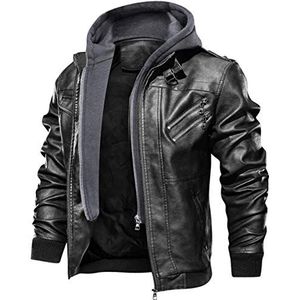 moxishop Winterjas voor heren, kunstleren jas, bikerjack met capuchon, biker, motorjas, overgangsjas, afneembare capuchon, zwart – A., 3XL