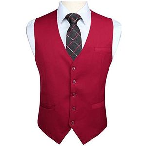 Enlision Gilet voor heren, formele effen giletjes voor bruiloft, effen kleur smoking, smokingjas, zakelijk pak, vest met zakken XS-4XL, Bordeaux, XL