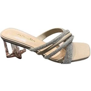 Doucheslipper, Dames sandalen met dikke hak, 7 cm, met teenboorontwerp(Apricot,41 EU)