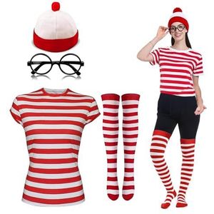 Gizelle DAMES DAMES MEISJES WAAR WALLY STRIPS T-SHIRT KIT HEN PARTY KOSTUUM BOEK DAG (L, Rood & Wit)