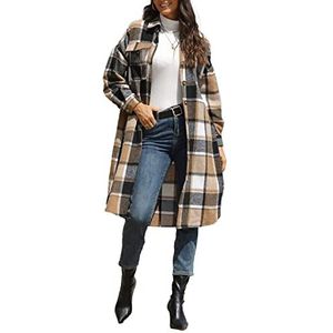 Sukany Vrouwen Casual revers wol mix lange geruite shirt knop down lange mouw jas Shacket, kaki, XL