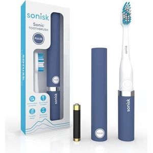 Sonisk Pulse | Elektrische tandenborstel op batterijen | Draagbaar reisformaat met antimicrobiële sonische technologie | 1x batterij, 2x opzetborstels, 1x reiskoffer inbegrepen (staalblauw)