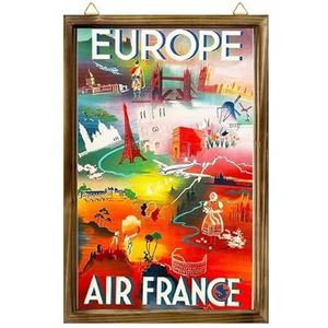 Boerderij ingelijst houten bord Frankrijk door luchtvaartmaatschappij Europa Europese vintage reizen reclame print muur opknoping houten fotolijst morden woondecoratie 20x25cm