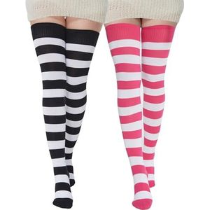 BABAHU Dames extra lange katoenen gestreepte dijhoge sokken over de knie hoge sokken, Zwart/Wit & Fuschia/Wit, Eén Maat