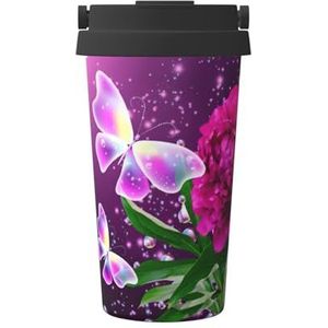 EdWal Mooie paarse vlinder bloemenprint 500 ml koffiemok, geïsoleerde campingmok met deksel, reisbeker, geweldig voor elke drank
