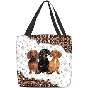 177 Dames handtas schattige drie teckel honden vrolijk kerstfeest draagtas boodschappentas lichtgewicht hobo tassen milieuvriendelijke schouder handtassen voor yoga, zwemmen, vrouwen, 15 x 50 x 40 cm,
