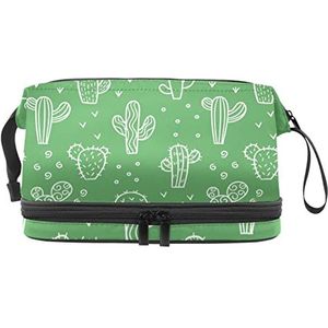 Dubbele Laag Cosmetische Tas Witte Cactus Op Groene Draagbare Make-up Tas Reizen Organizer Pouch voor Vrouwen Meisjes Toiletartikelen Tassen, Meerkleurig, 27x15x14 cm/10.6x5.9x5.5 in, Make-up zakje