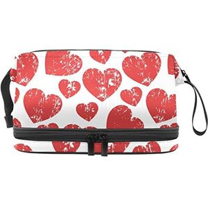 Dubbele Laag Cosmetische Tas Rode Liefde Hart Draagbare Make-up Tas Reizen Organizer Pouch voor Vrouwen Meisjes Toiletartikelen Tassen, Meerkleurig, 27x15x14 cm/10.6x5.9x5.5 in, Make-up zakje