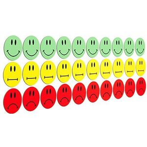 GRAFBURG - 30 kleurrijke smileys magneten ø 2 cm (10 groene lachende smileys / 10 gele neutrale smileys / 10 rode trieste smileys) bijv. voor presentaties, trainingen, projectwerk, onderwijs.