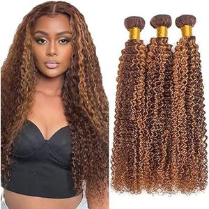 Tuheerst Curly Wave Human Hair Bundles P430 Highlight Brown Real Hair Human Hair Extensions Sew in Hair Extension 3 Bundles Double Weft Remy Hair Low Shedding for Woman 28 28 28 Inch