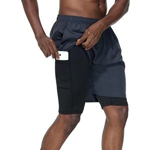 HMIYA 2-in-1 shorts voor heren, fitness-sportbroek, korte joggingbroek, sneldrogende hardloopbroek met compressieshort en zakken met ritssluiting, donkergrijs, L