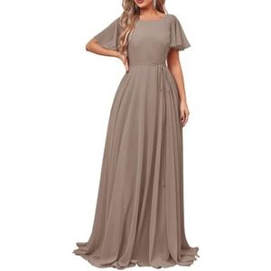 Damesjurken met korte mouwen, lange bruidsmeisjesjurk, chiffon, formele avondjurken met zakken, Taupe, 32