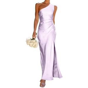 WSEYU Een schouder bruidsmeisjes jurken lange satijnen zeemeermin prom jurk geplooide formele feestjurk met split, Lavendel, 38