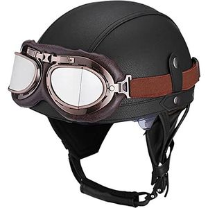 Motorhelm, Heren Dames Skull Cap Bromfiets Street Jet Scooter Open Helm met Pilotenbril, ECE-certificaat E,S=54-56CM(F,M=5758CM)