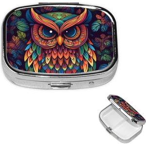 Vierkante Pillenhoes voor Portemonnee of Pocket 2 Compartiment Geneeskunde Pillendoos Draagbare Kleine Pil Organizer Kleur uil Patroon Reizen Pillendoos Geneeskunde Vitamine Kabeljauw Leverolie