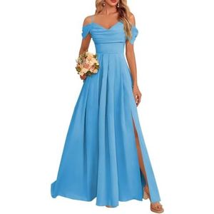 Dames chiffon bruidsmeisjes jurken met split lange galajurken ruches cocktailjurk plus size, Blauw, 32