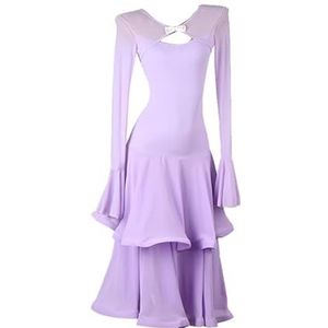 Ballroomdanswedstrijdjurken voor dames Wals Foxtrot kostuum met trompetmouwen Flamencodanskleding Nationale standaardoutfit Grote schommelrok met lotusblad,Purper,L