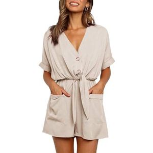Jumpsuits Voor Vrouwen Zomer Casual Vrouwen Jumpsuits Effen Kleur Romper Dames Knopen Zakken Casual Bodysuit Tie Up Korte Mouwen V-hals Playsuit Overalls, Beige, XL