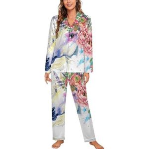 Aquarel Eenhoorn Boeket Lange Mouw Pyjama Sets Voor Vrouwen Klassieke Nachtkleding Nachtkleding Zachte Pjs Lounge Sets