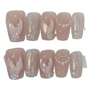 Handgemaakte acryl roze blush draagbare kunstnagels met lijm volledige dekking korte druk op nagels mooie meisjes nagelverbetering (Color : 11, Size : S)
