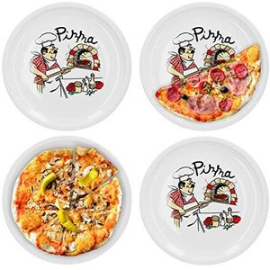 Van Well Set van 4 pizzaborden, groot Ø 30,7 cm, met keukenchef-motief, gastro-accessoires, pizza-bakkerij, stabiel porseleinen servies, grillbord, serveerplaat, antipasti