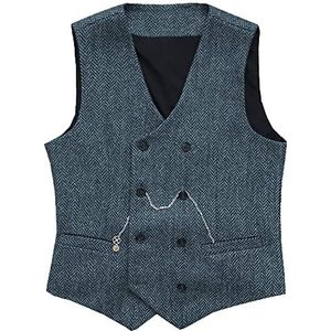 Heren Visgraat Vest met dubbele rij knopen Wollen Business Tweed gilet kleedt slank af(Large, Lichtblauw)