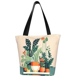 AkosOL Cartoon kleine groene plant klassiek bedrukt ontwerp, lichtgewicht gewatteerde handtas met grote capaciteit, geschikt om te winkelen, fitness, modieus en gemakkelijk te matchen met het leven,