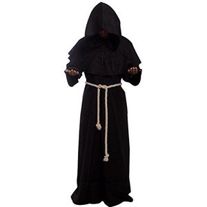 Amayar Friar Middeleeuwse monnik met capuchon, renaissance, priestergewaad, kostuum, cosplay, Zwart, XL