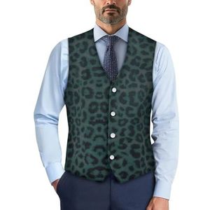 Wismoutput Heren V-hals pak vesten zachte slim fit button down jurk stijlvol blazer vest met riem aan de achterkant, Donkergroen Luipaard, XL