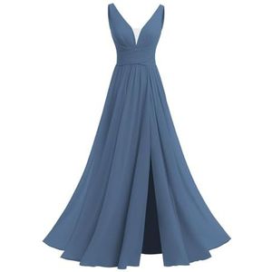 Off-shoulder bruidsmeisje jurken A-lijn formele avond prom jurk voor vrouwen met split WYX545, Staal Blauw, 36