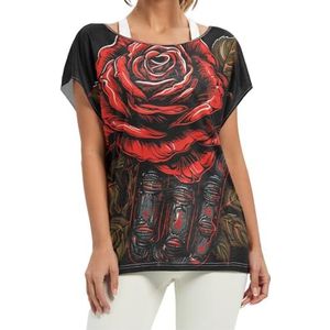Cool lederen rode roos aquarel artwork vrouwen korte vleermuismouwen shirt ronde hals T-shirts losse tops voor meisjes, Patroon, S