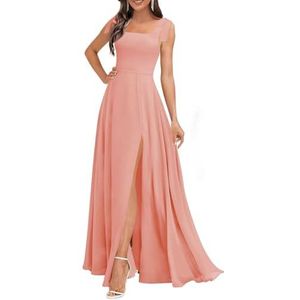Chiffon bruidsmeisjesjurken voor dames, met spleetplooien, formele avondjurken, grote maten, Koraal, 32