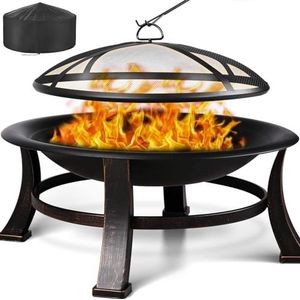 Vuurkorf met vonkbescherming, Ø 76 cm vuurschaal met grillrooster, retro look, vuurschaal voor de tuin, BBQ vuurschaal, grill, stabiel en functioneel, zwart, groot