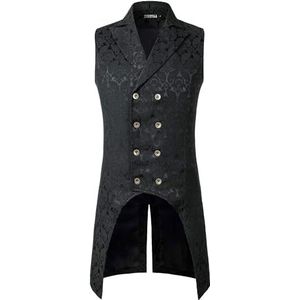 PARKLEES Victoriaanse steampunk gothic double-breasted vest voor heren, brokaat jacquard tailcoat vest, Zwart, S