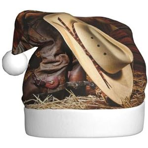 ErKaL Cowboy zwarte hoed westerse laarzen bedrukte kerstmuts voor volwassenen, pluizige kerstmuts voor vrouwen, heren, vakantiefeest