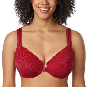 DELIMIRA Dames Voorsluiting BH met beugel Kant Large Size Volledige cups zonder inzetstukken Donkerrood 100D