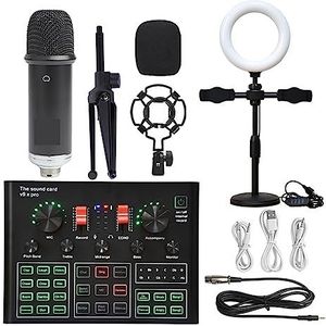 Geluidskaartset, Professionele Studio Condensator Microfoon Bundel WXH1000 Mic Kit Met Live Geluidskaart Draadloze Karaoke(Black WXH1000 LED)